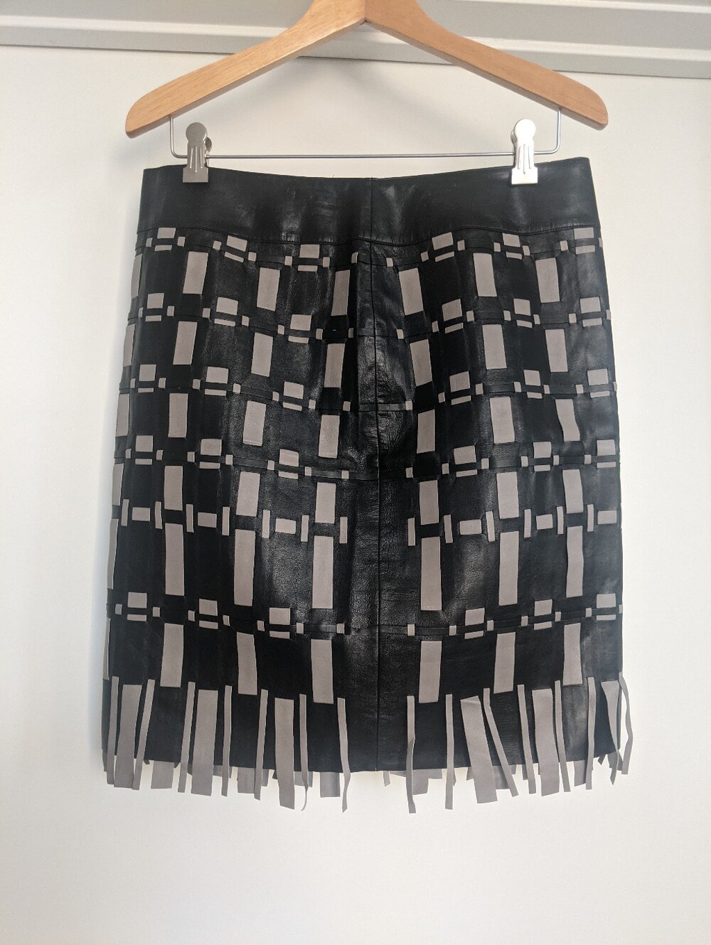 PER SE Black & Cream Leather Fringe Skirt